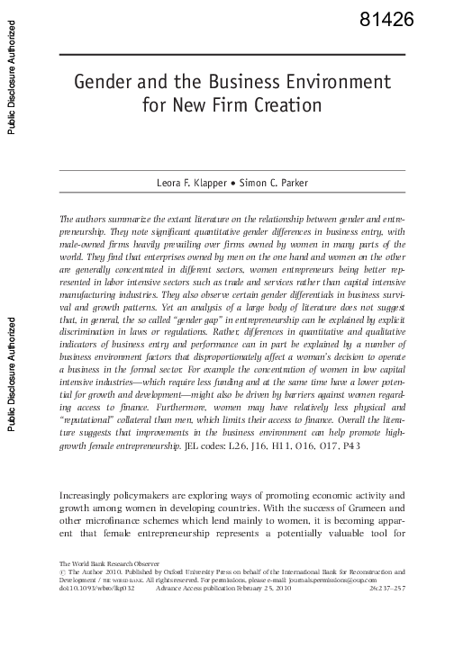 (PDF) Gender and the business environment for new firm creation