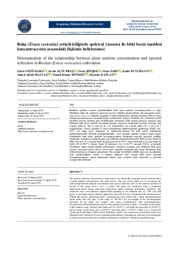 (PDF) Roka (Eruca vesicaria) yetiştiriciliğinde spektral yansıma ile ...