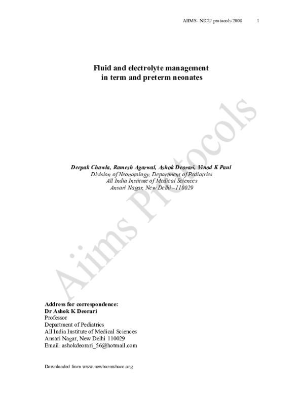 (PDF) Fluid and electrolyte management in term and preterm neonates