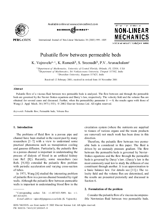 (PDF) Pulsatile flow between permeable beds Sreenadh Sreenadh