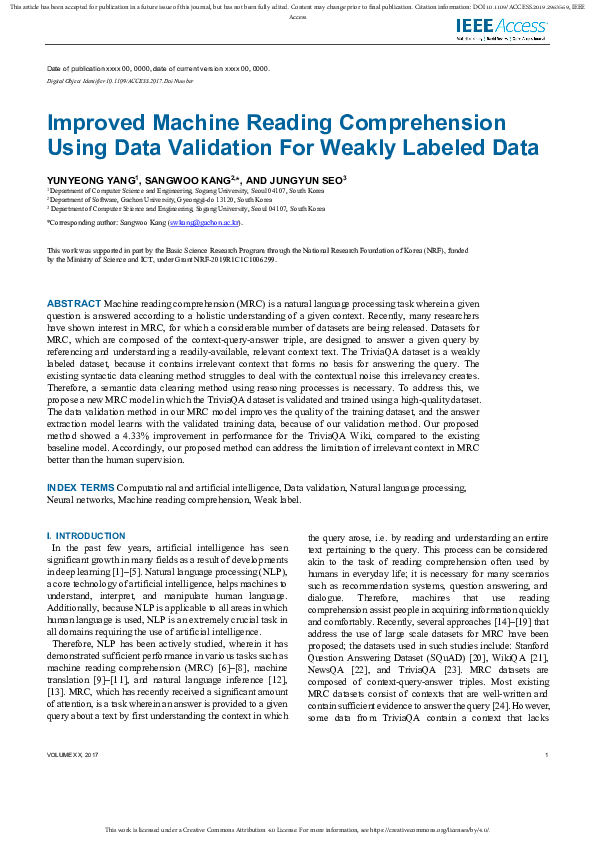 (PDF) Improved Machine Reading Comprehension Using Data Validation For ...