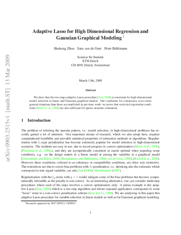 (PDF) Adaptive Lasso for high dimensional regression and Gaussian ...