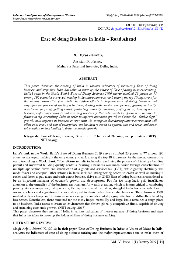 (PDF) Ease of doing Business in India – Road Ahead