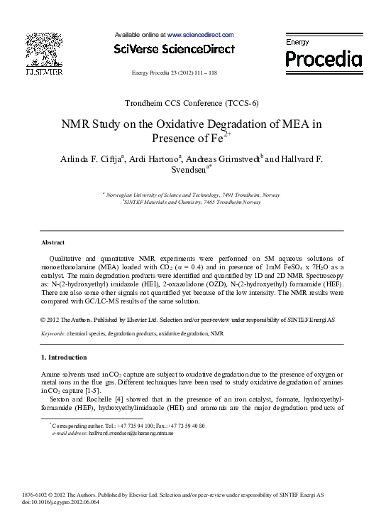 (PDF) NMR Study on the Oxidative Degradation of MEA in Presence of Fe2+