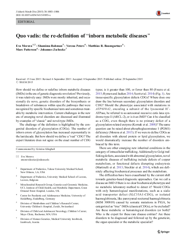 (PDF) Quo vadis: the re-definition of “inborn metabolic diseases”