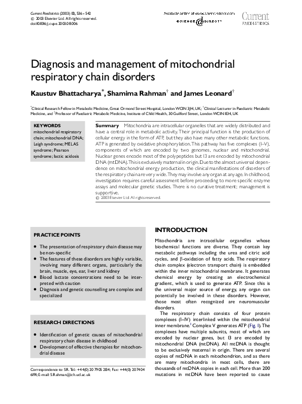 (PDF) Diagnosis and management of mitochondrial respiratory chain disorders