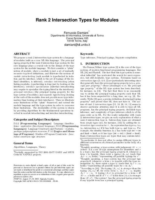 (PDF) Rank 2 intersection types for modules Ferruccio Damiani