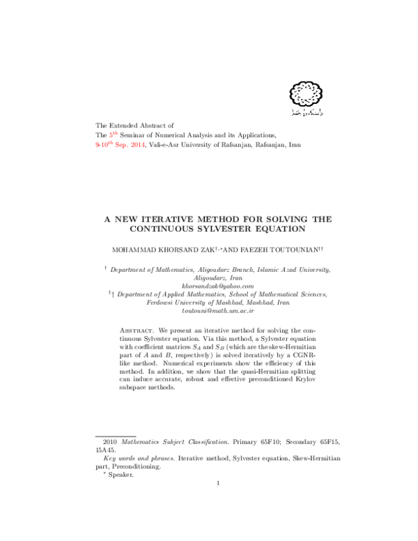 (PDF) A new iterative method for solving the continuous Sylvester equation
