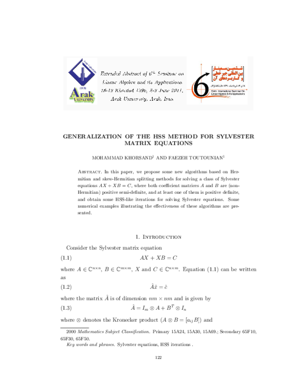 (PDF) Generalization of the HSS Method for Sylvester Matrix Equations