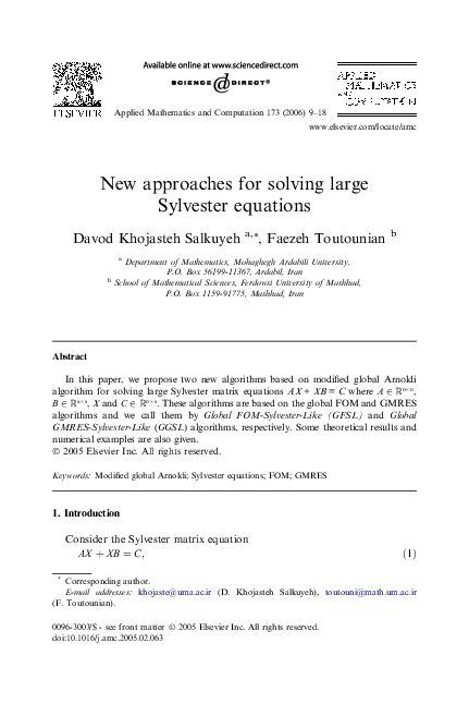 (PDF) New approaches for solving large Sylvester equations