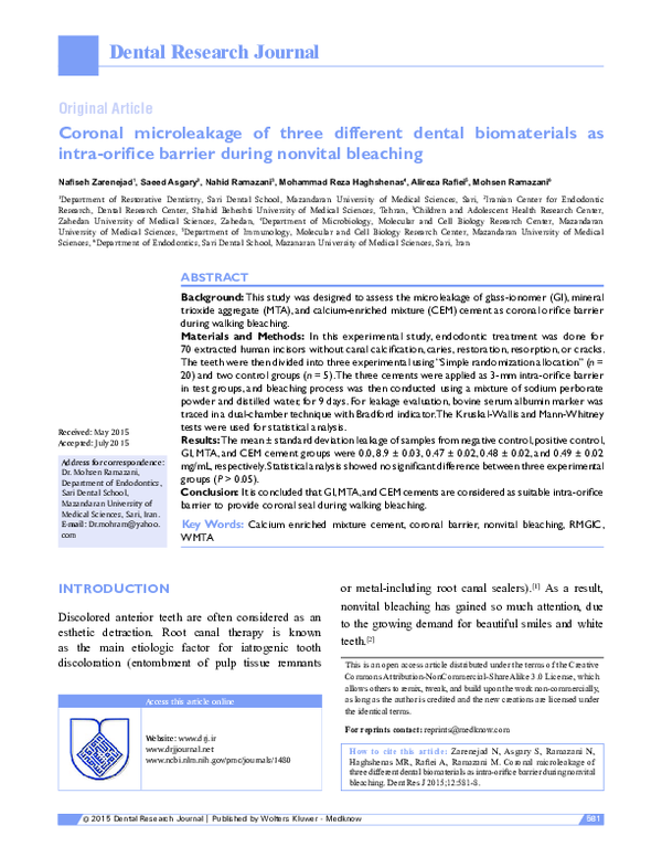 (PDF) Coronal microleakage of three different dental biomaterials as