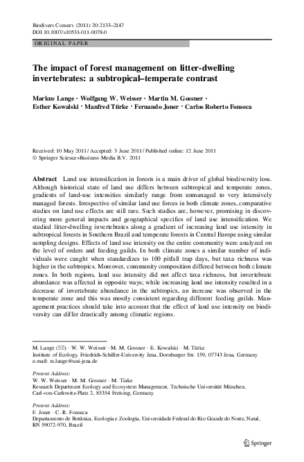 The impact of forest management on litter-dwelling invertebrates: a subtropical–temperate contrast