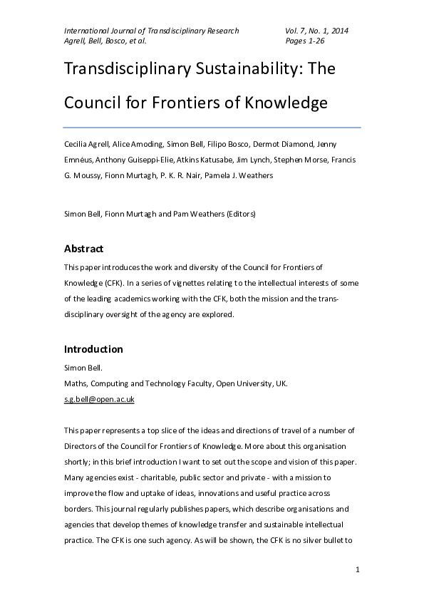 (PDF) Transdisciplinary sustainability: the council for frontiers of ...
