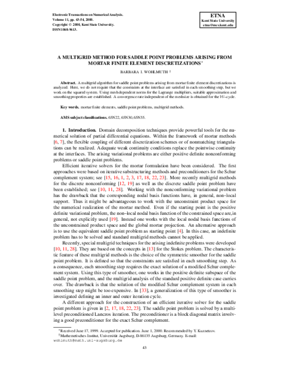 (PDF) A multigrid method for saddle point problems arising from mortar ...