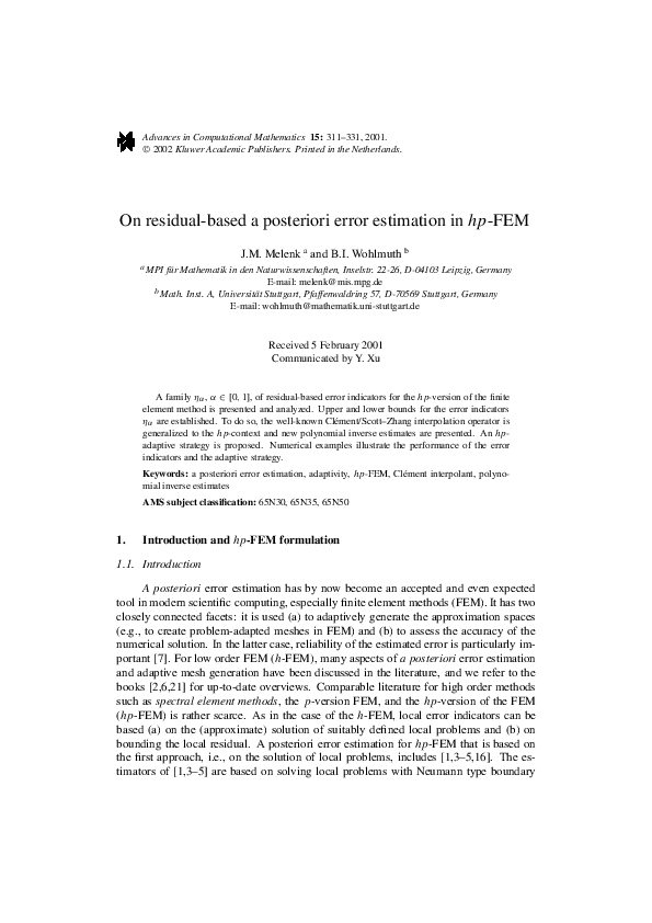 (PDF) On residual-based a posteriori error estimation in hp-FEM