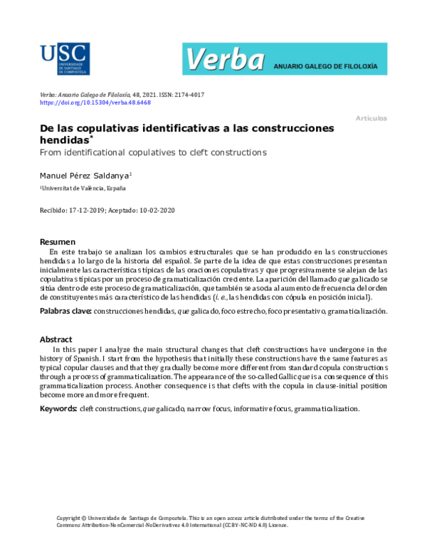 (PDF) De las copulativas identificativas a las construcciones hendidas ...