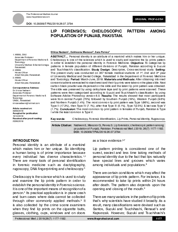 (PDF) Lip Forensics; Cheiloscopic Pattern Among Population of Punjab ...