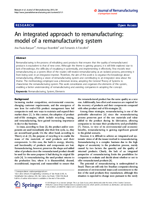 (PDF) An integrated approach to remanufacturing: model of a ...