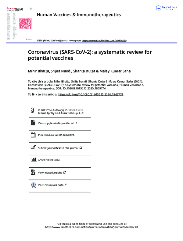 (PDF) Coronavirus (SARS-CoV-2): a systematic review for potential vaccines
