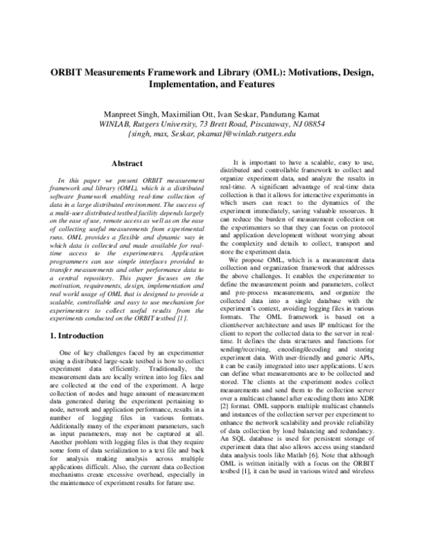 (PDF) ORBIT Measurements Framework and Library (OML): Motivations ...