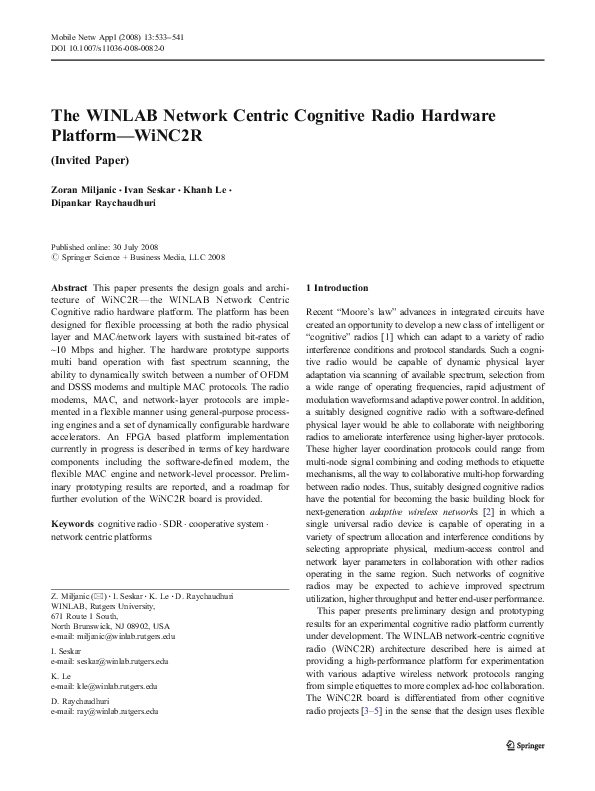 (PDF) The WINLAB Network Centric Cognitive Radio Hardware Platform—WiNC2R