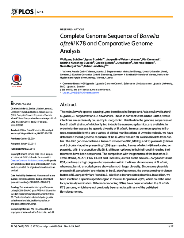 (PDF) Complete Genome Sequence of Borrelia afzelii K78 and Comparative ...