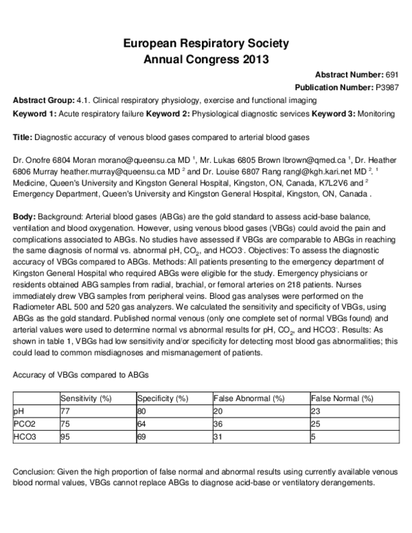 (PDF) Diagnostic accuracy of venous blood gases compared to arterial blood gases Heather