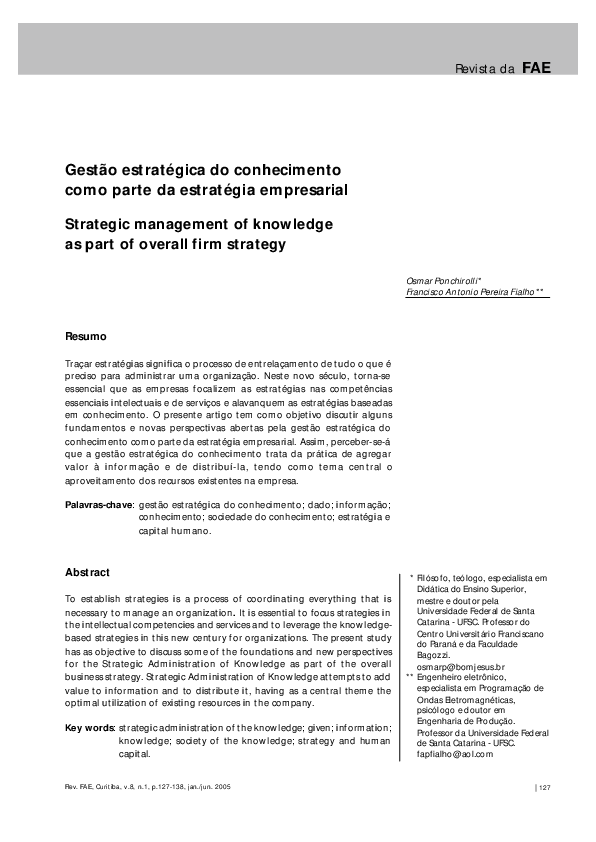 (PDF) Gestão estratégica do conhecimento como parte da estratégia ...