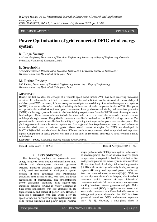 (PDF) Power Optimization of grid connected DFIG wind energy system