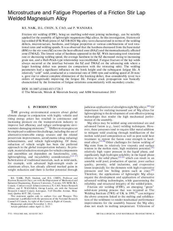 (PDF) Microstructure and Fatigue Properties of a Friction Stir Lap ...