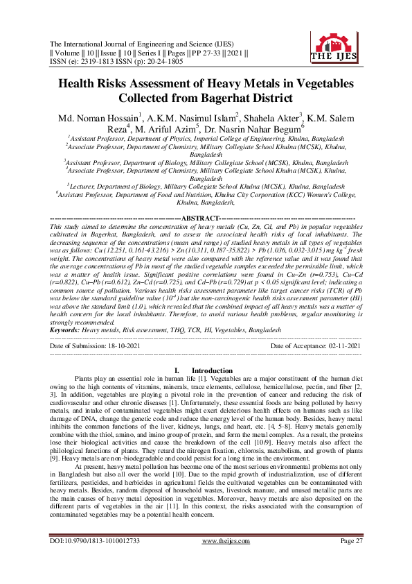 (PDF) Health Risks Assessment of Heavy Metals in Vegetables Collected ...