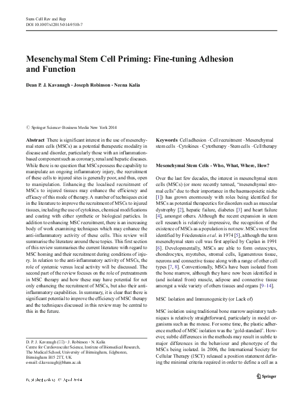 (PDF) Mesenchymal Stem Cell Priming: Fine-tuning Adhesion and Function