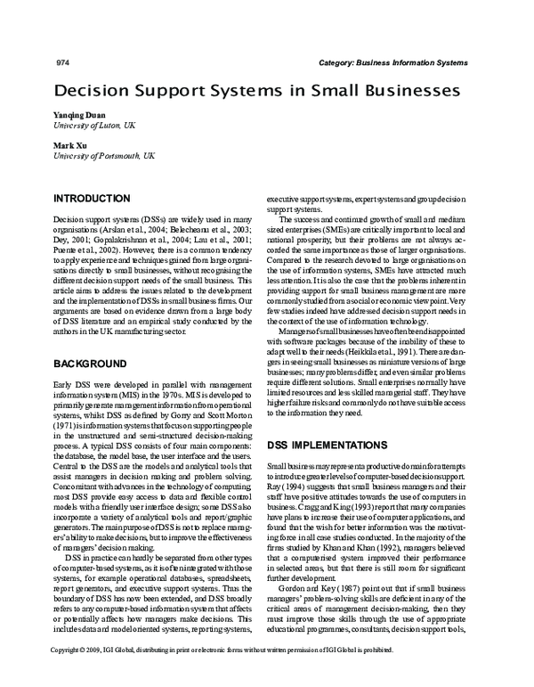 (PDF) Decision Support Systems in Small Businesses
