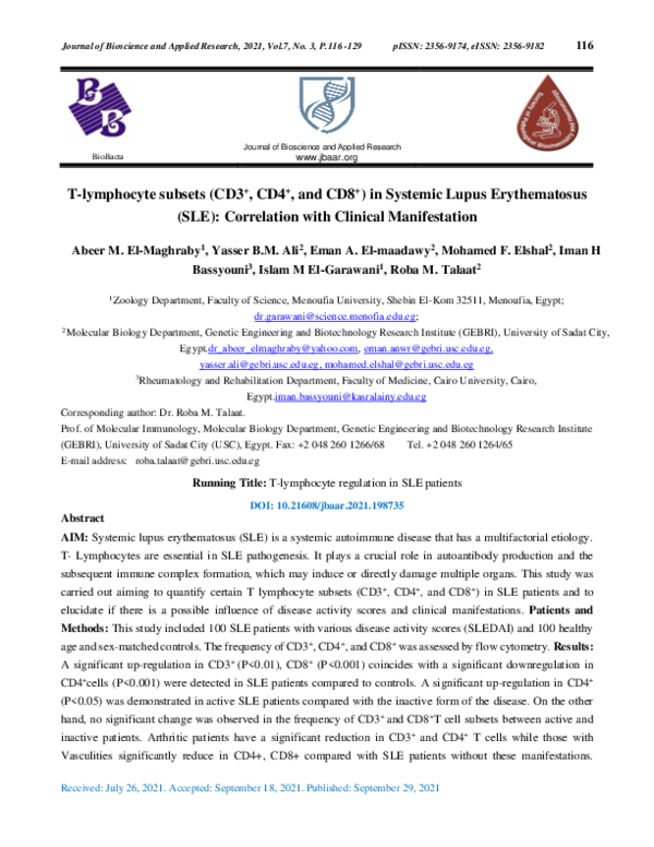 (PDF) T-lymphocyte subsets (CD3+, CD4+, and CD8+) in Systemic Lupus ...