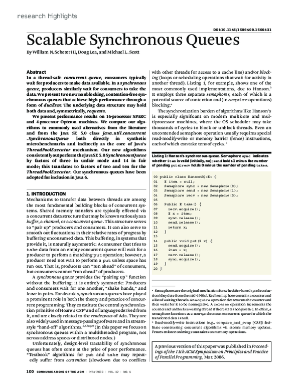 (PDF) Scalable synchronous queues