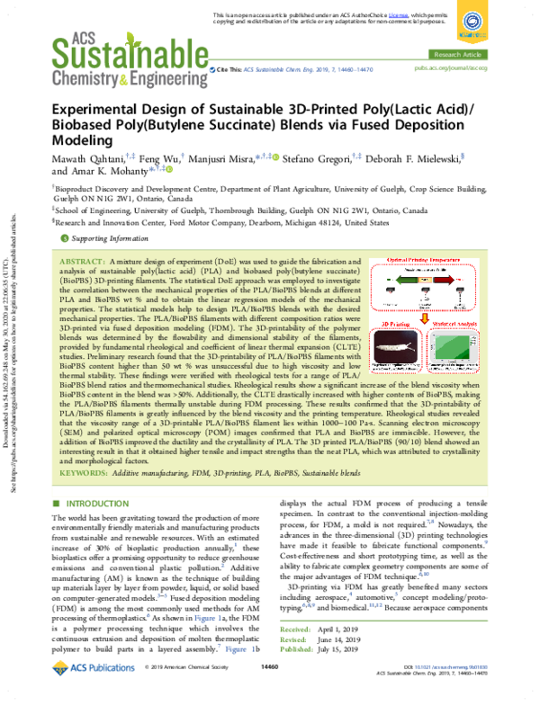 (PDF) Experimental Design of Sustainable 3D Printed Poly(Lactic Acid ...