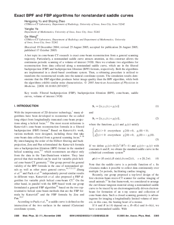 (PDF) Exact BPF and FBP algorithms for nonstandard saddle curves