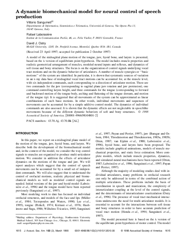 (PDF) A dynamic biomechanical model for neural control of speech production