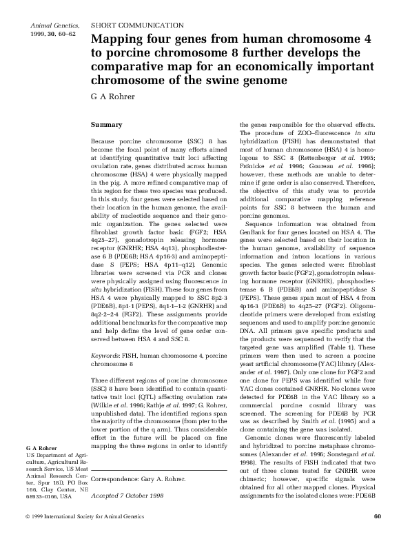 (PDF) Mapping four genes from human chromosome 4 to porcine chromosome ...