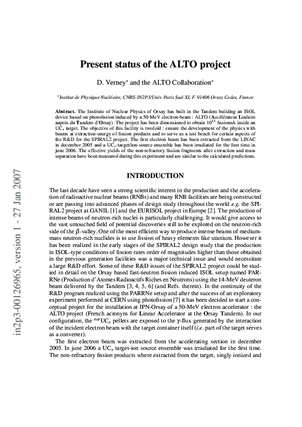 (PDF) Present status of the ALTO project