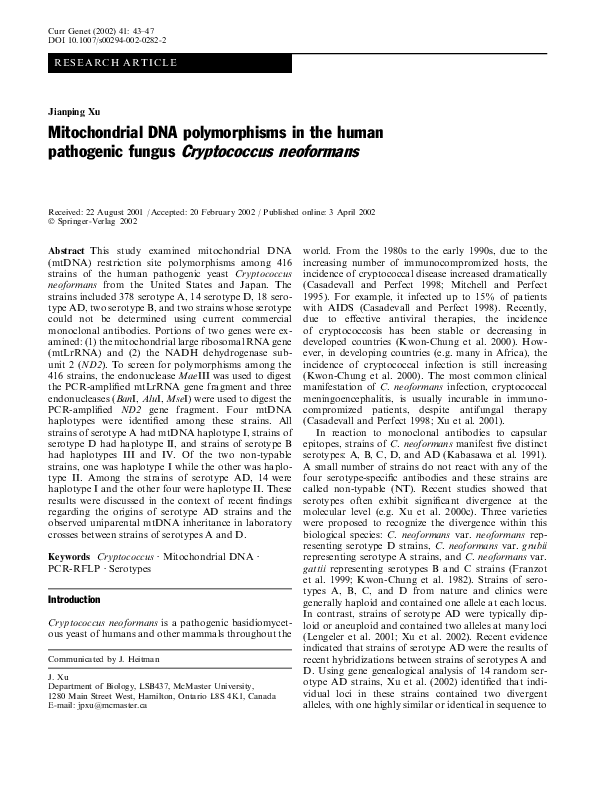 (PDF) Mitochondrial DNA polymorphisms in the human pathogenic fungus ...