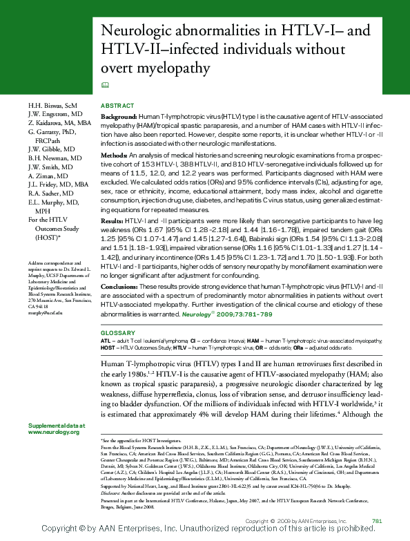 (PDF) Neurologic abnormalities in HTLV-I- and HTLV-II-infected ...