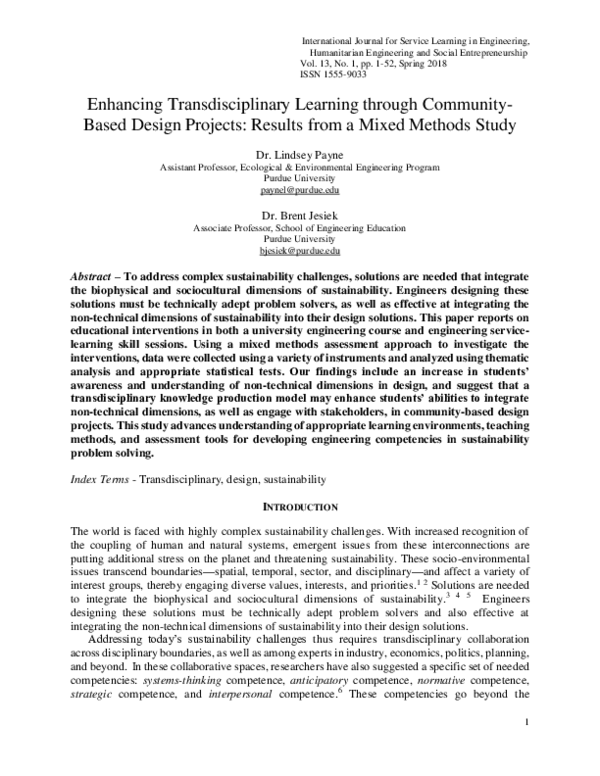 (PDF) Enhancing Transdisciplinary Learning through Community-Based ...