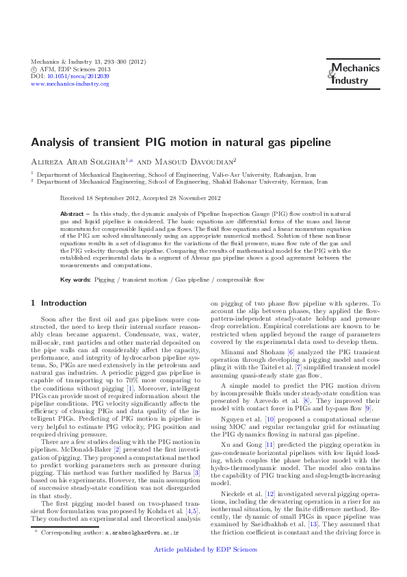 (PDF) Analysis of transient PIG motion in natural gas pipeline