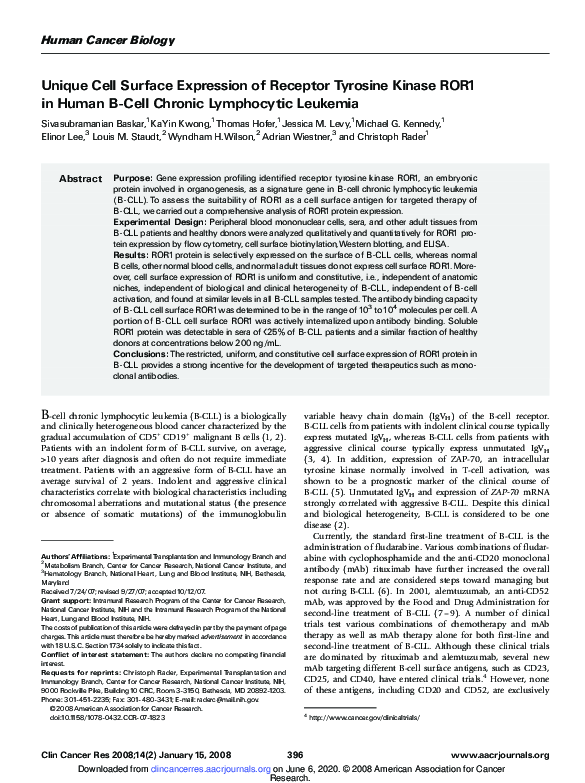 (PDF) Unique Cell Surface Expression of Receptor Tyrosine Kinase ROR1 ...
