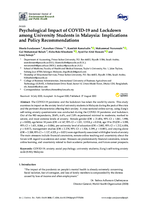 (PDF) Psychological Impact of COVID-19 and Lockdown among University ...