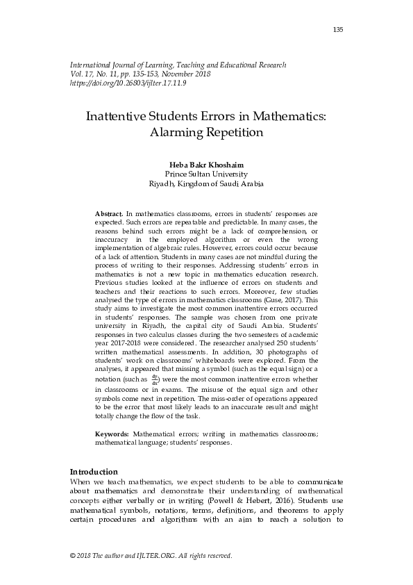 (PDF) Inattentive Students Errors in Mathematics: Alarming Repetition