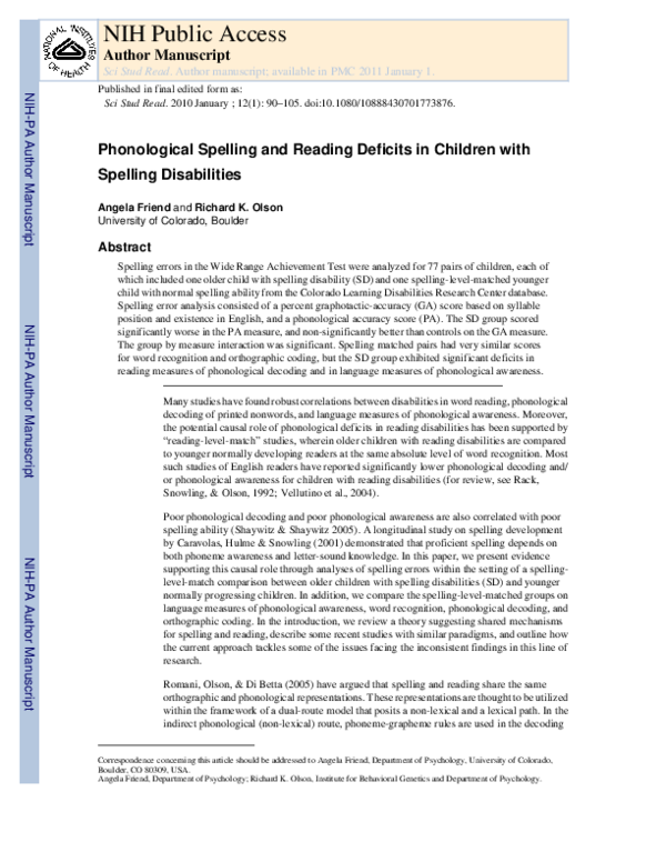 (PDF) Phonological Spelling and Reading Deficits in Children With ...