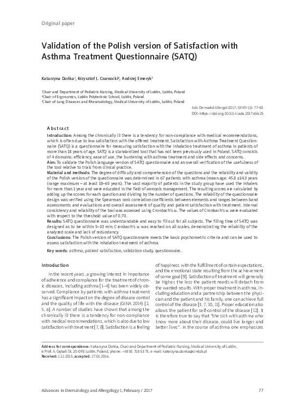 (PDF) Validation of the Polish version of Satisfaction with Asthma ...