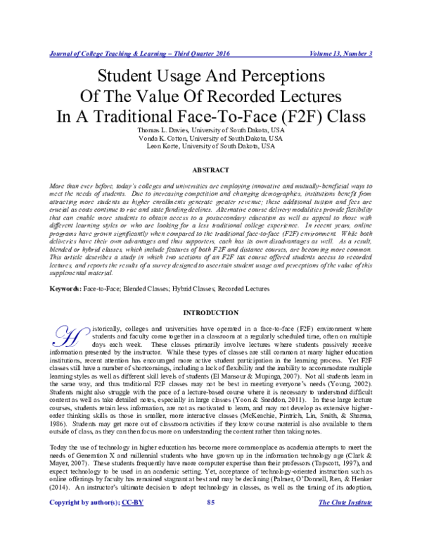(PDF) Student Usage And Perceptions Of The Value Of Recorded Lectures ...